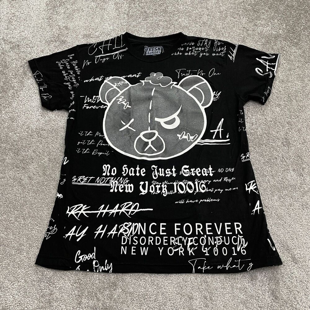 Fresh Laundry Vintage Y2K Graphic T-Shirt Mens Large Black White Crew Neck Tee